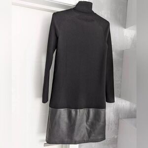 Women's Ferragamo Black Leather Wool Turtle Neck Knee Dress - Size XL